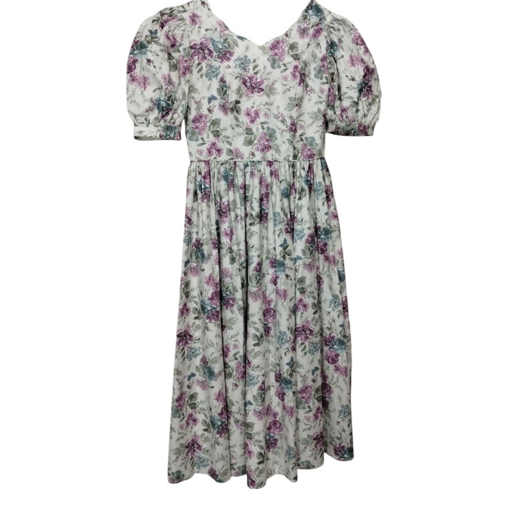 Laura Ashley Scalloped Bow Cottage‎ Core Prairie Midi Dress Floral Open Back